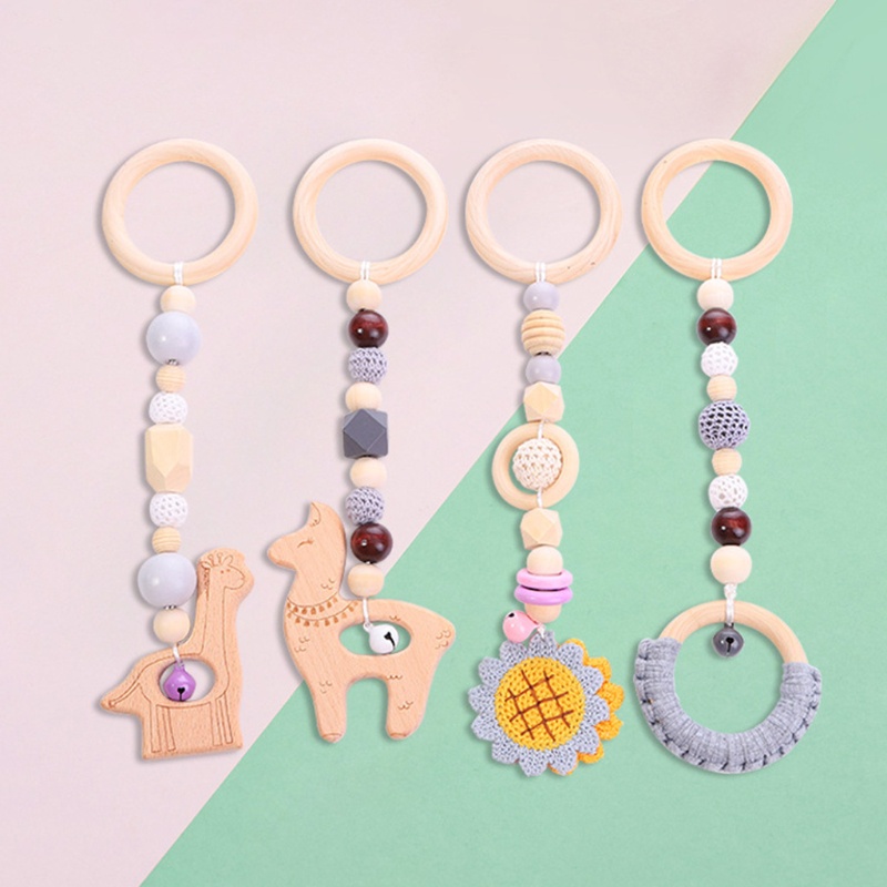 Mary 4pcs / Set Mainan Rattle / Teether Gantung Dengan Frame Kayu Untuk Stroller Bayi