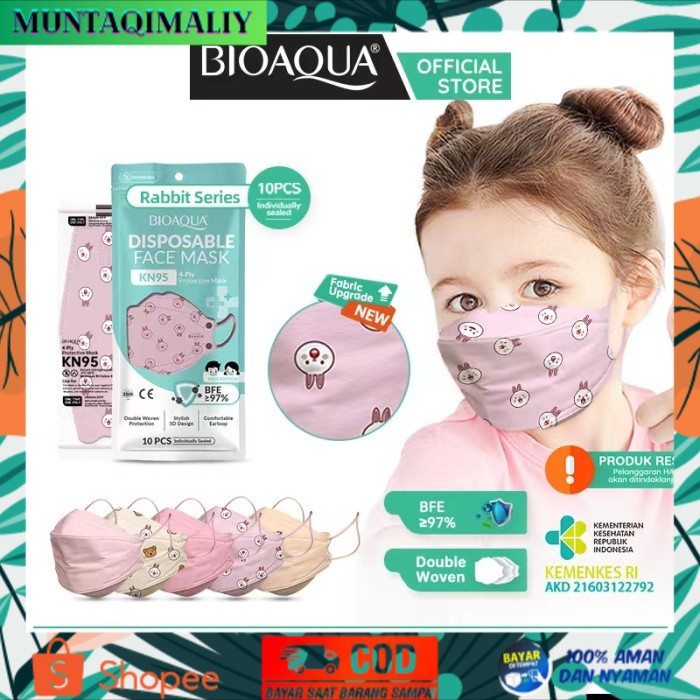 [TERBARU] BIOAQUA Disposable Mask EVO Anak Motif N95 KN95 BFE 95% masker 10pcs - Anak Rabbit