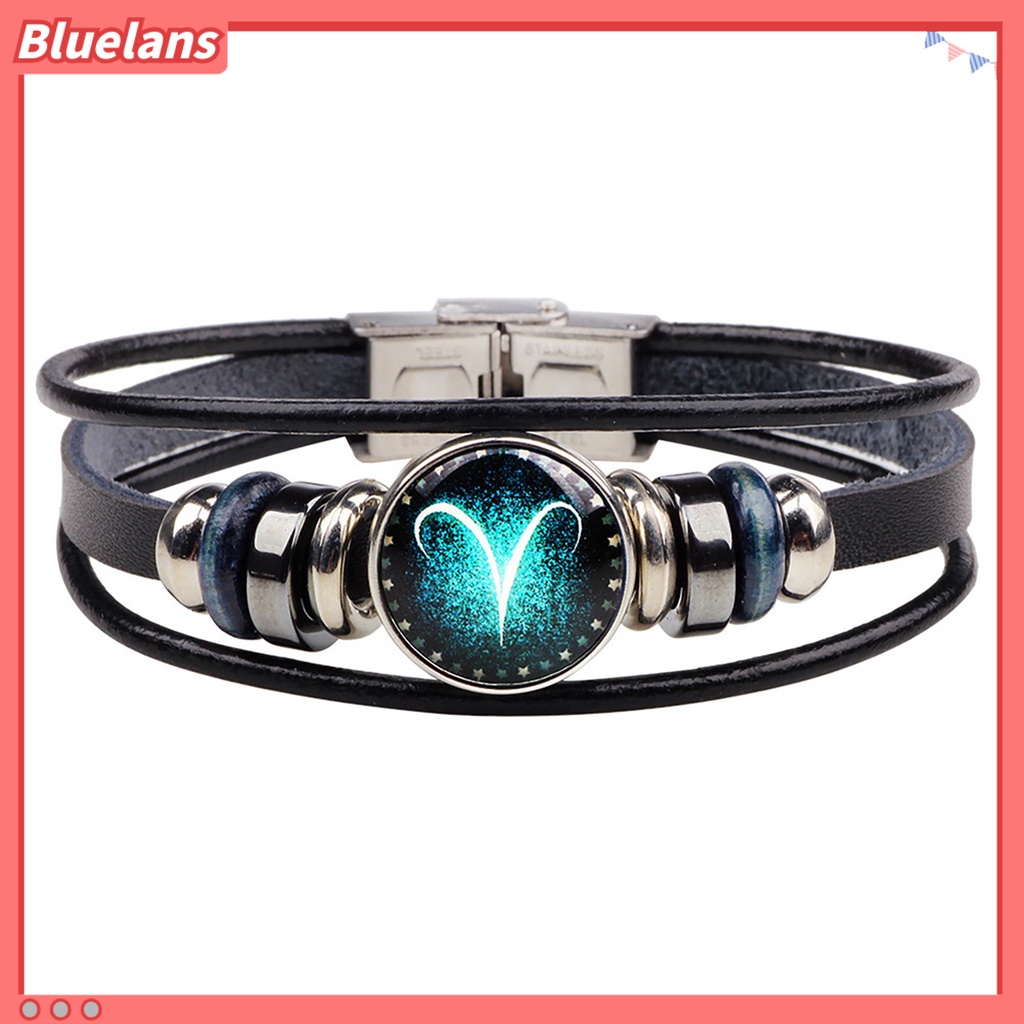 Bluelans Gelang Kulit Multilayer Hias Manik-Manik 12 Rasi Bintang Gaya Retro Untuk Unisex