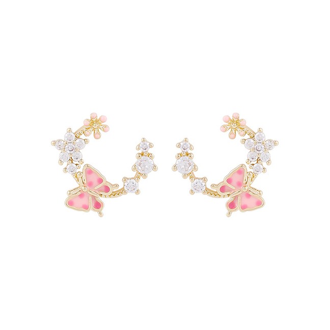 LRC Anting Tusuk Fashion Pink Butterfly Garland Micro Zircon Earrings K42157