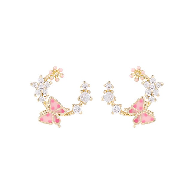 LRC Anting Tusuk Fashion Pink Butterfly Garland Micro Zircon Earrings K42157