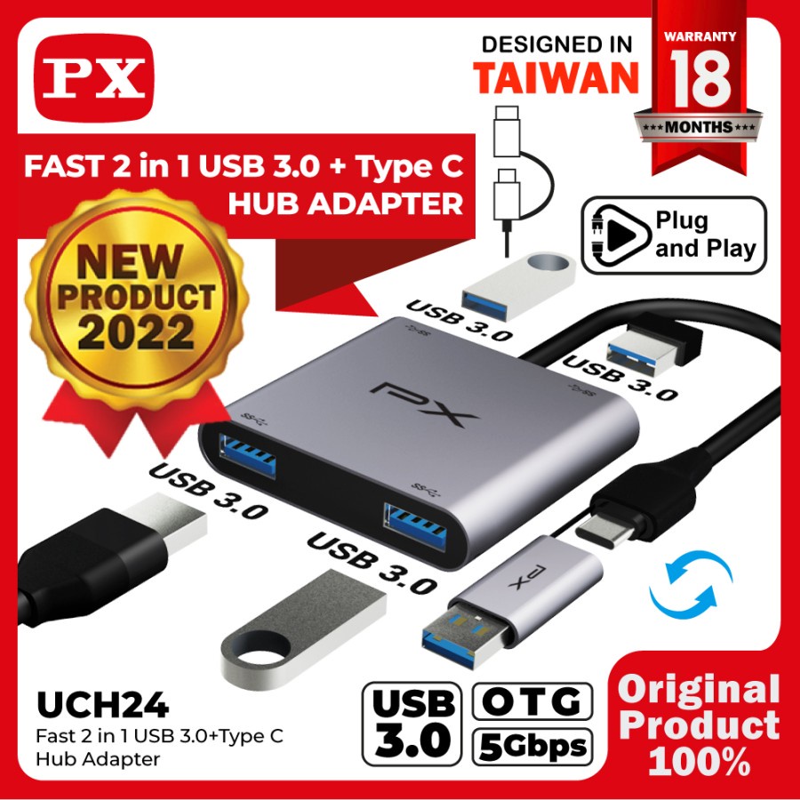 Type-c to usb-A 3.0 hub px 4 port 5Gbps aluminum with connector usb3.0 to usb-c female uch-24 uch24