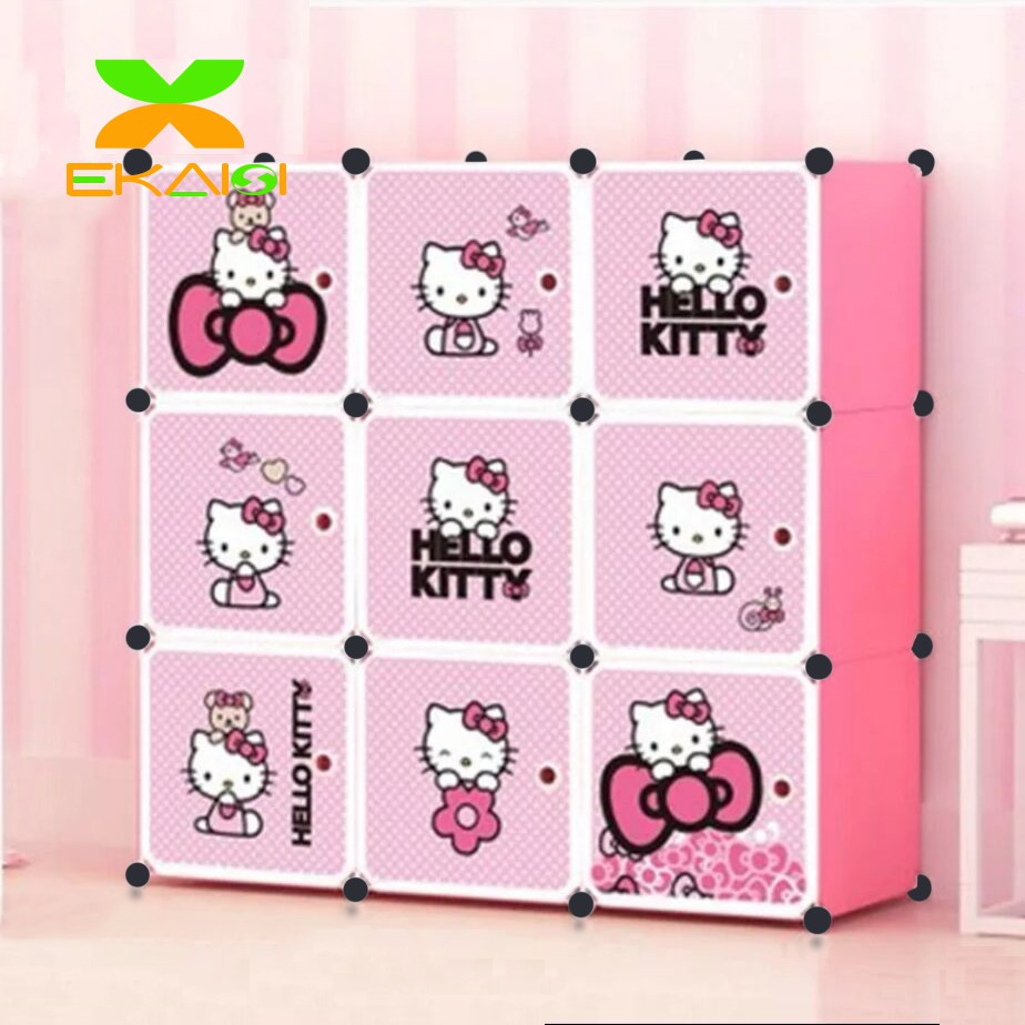 Ekaisi Lemari portable pakaian plastik rak serbaguna susun lemari baju anak 9 kotak pintu hello kitty