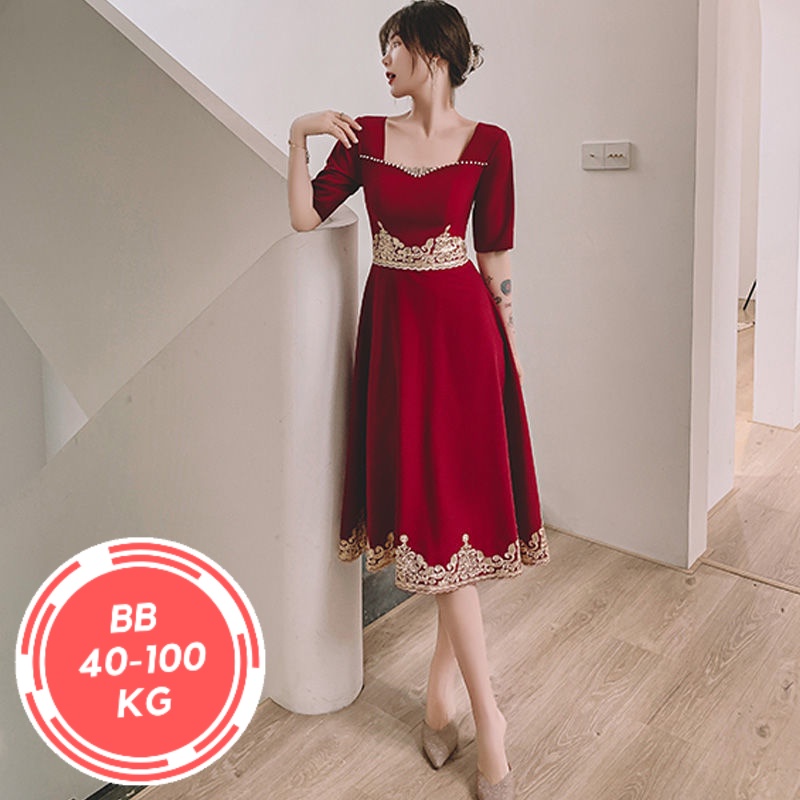 Gaun Pesta Dress【JUMBO 8XL】Ukuran Besar Wanita Elegan Pakaian Bersulang Merah Anggur Pengantin Wanit