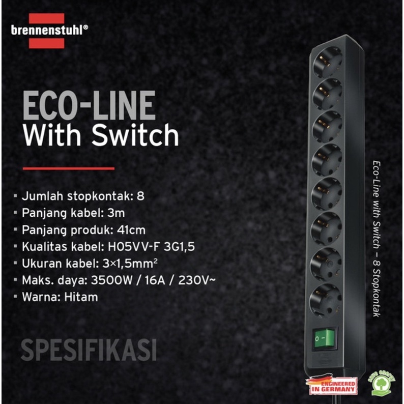 [GERMANY] BRENNENSTUHL Stop Kontak 8 Lubang Socket ECO LINK dengan Kabel 3M GERMANY