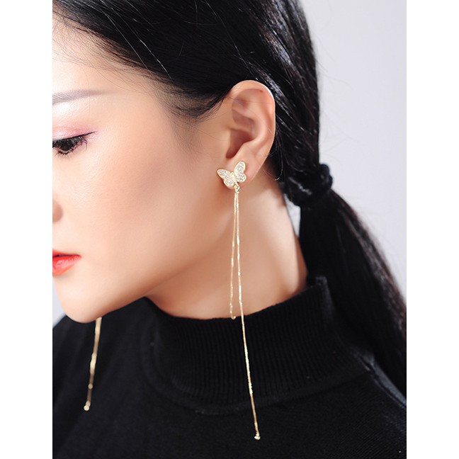 LRC Anting Tusuk Fashion Golden Tassel Butterfly Earrings D59117