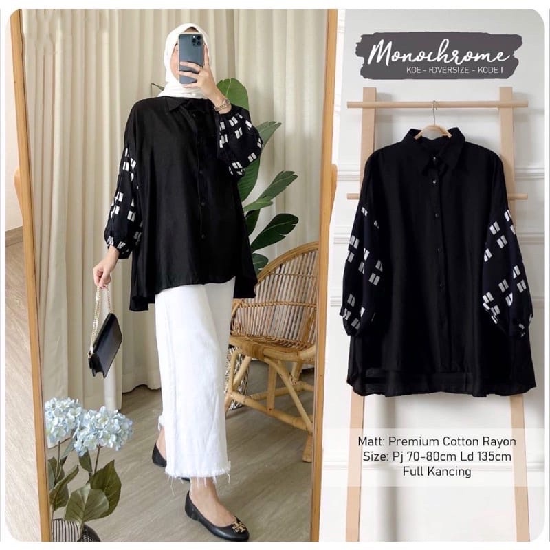 Monochrome Blouse Rayon Jumbo Kemeja Oversize Motif