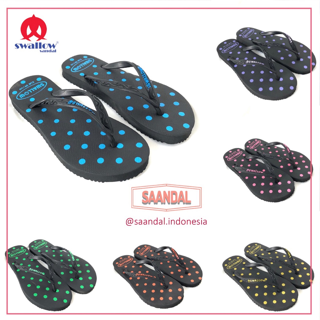 Sandal Jepit Karet Swallow Wanita Polkadot Hitam Black (BISA SATUAN COD)