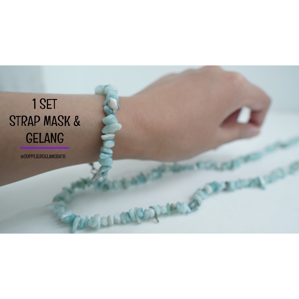 1 set strap mask dan gelang batu kerikil kerang biru panjang premium