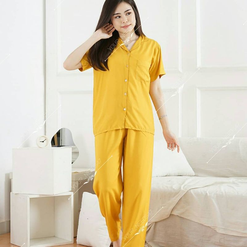 EMILY CP SWAP PAJAMAS BAJU TIDUR PIYAMA BAJU TIDUR RAYON PIYAMA RAYON PIYAMA POLOS-MUSTARD