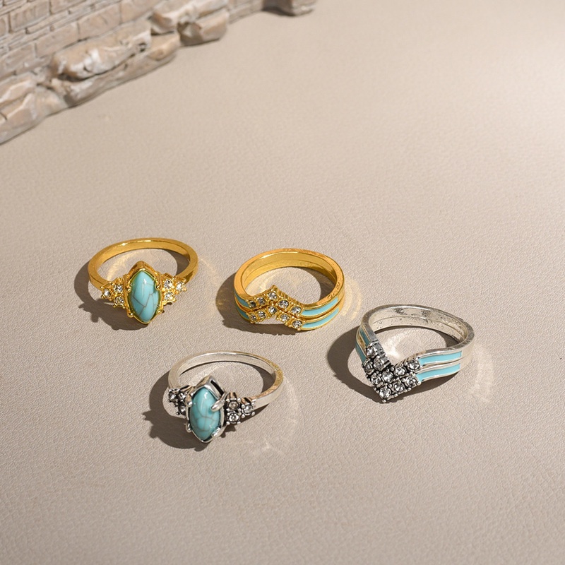 3pcs / Set Cincin Wanita Hias Turquoise Berlian Imitasi Gaya Retro Untuk Pesta Pernikahan / Hadiah