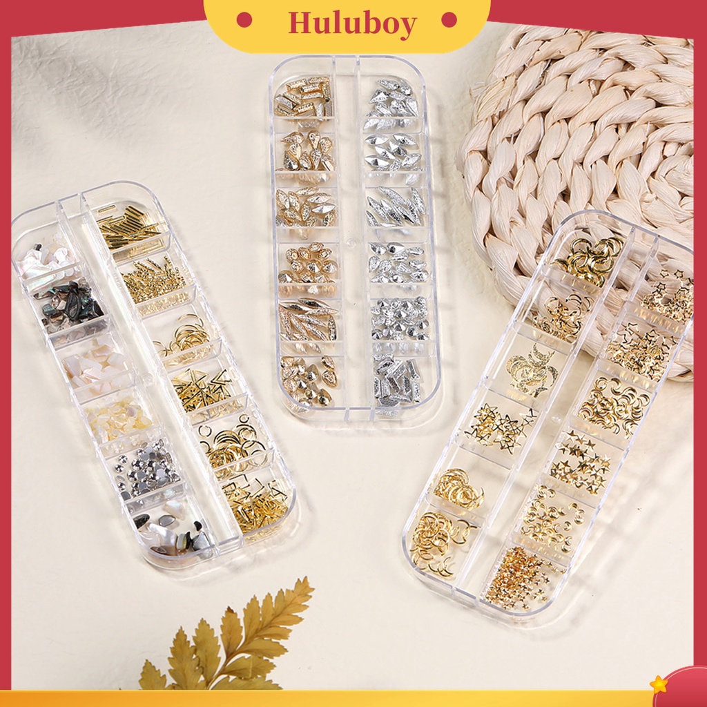 Huluboy Huluboy♡ 1 Kotak 12 Grids Payet 3D Bahan Alloy Untuk Dekorasi Nail Art