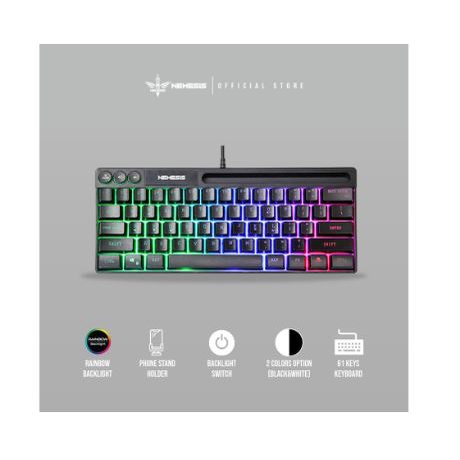 Keyboard gaming nyk nemesis wired usb 2.0 membrane 60% 61 keys tkl rainbow with stand holder phone eris k06 k-06