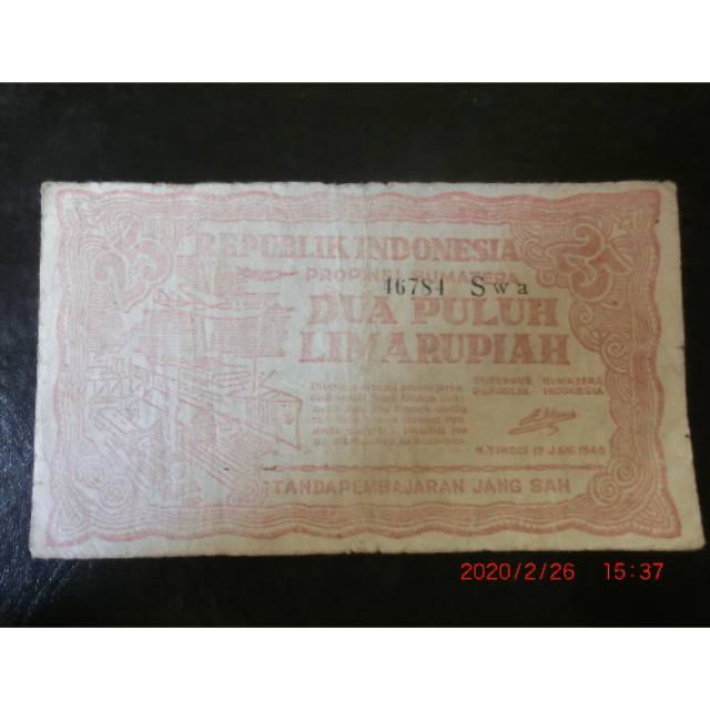 N016 Uang Kertas Kuno Indonesia Asli 25 rupiah Orida Sumatra