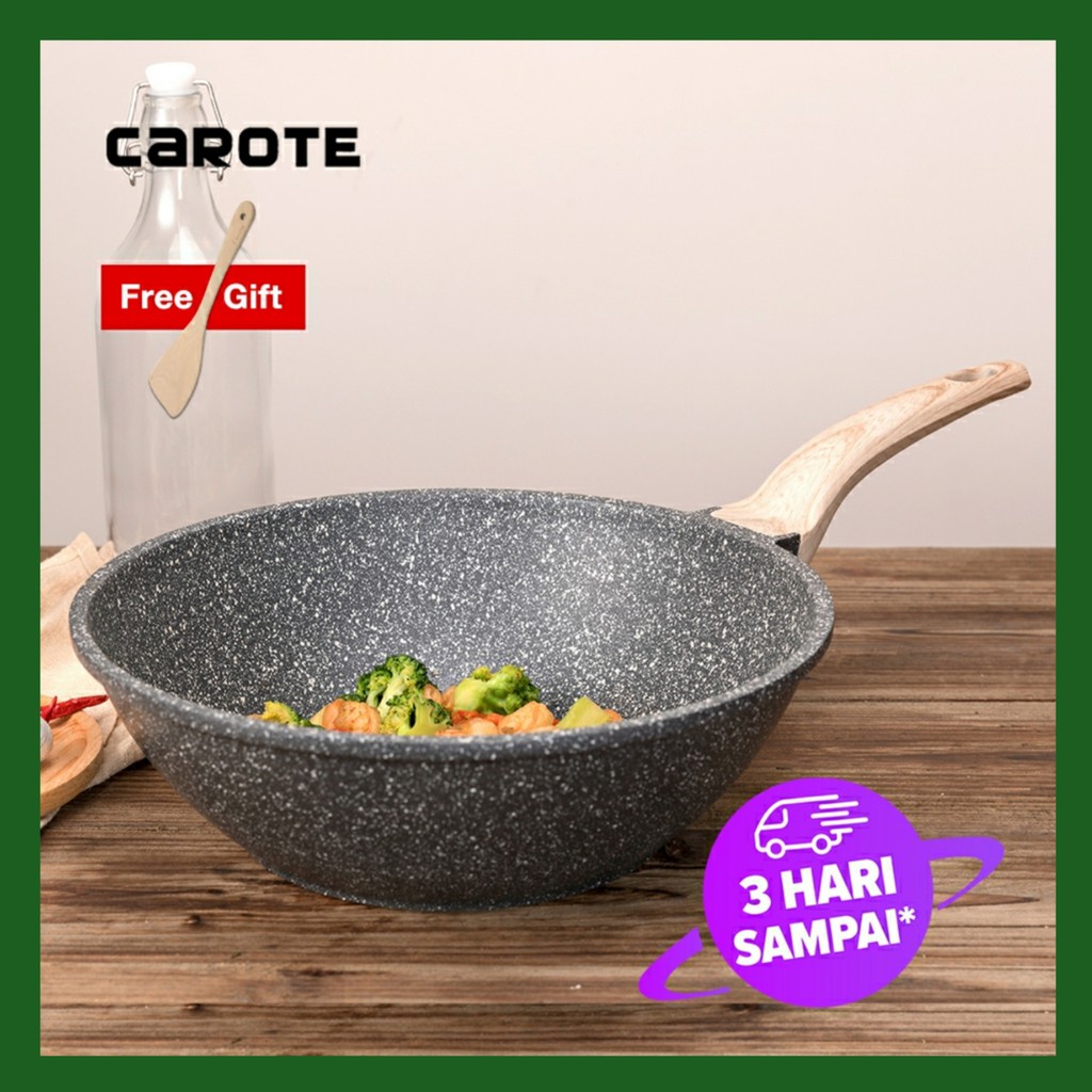 Carote Wajan Tumis-goreng Tanpa Asap, Batu Granit Tidak Lengket 30Cm/32Cm dengan Tutup Induksi