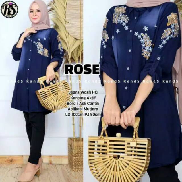 ROSE TUNIK ATASAN JEANS|LD100-PJ90|RECOMENDED /JEANS WASH HQ BORDIR ORI APK MUTIARA/TUNIK MUSLIM