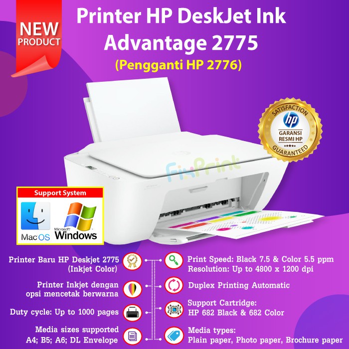 Printer HP Deskjet 2335 2336 2337 All in One Multifungsi Print Scan Copy Pengganti 2135 With Cartridge HP 682 Print Photo Foto Hitam Warna Black Color Optional WiFi Wireless