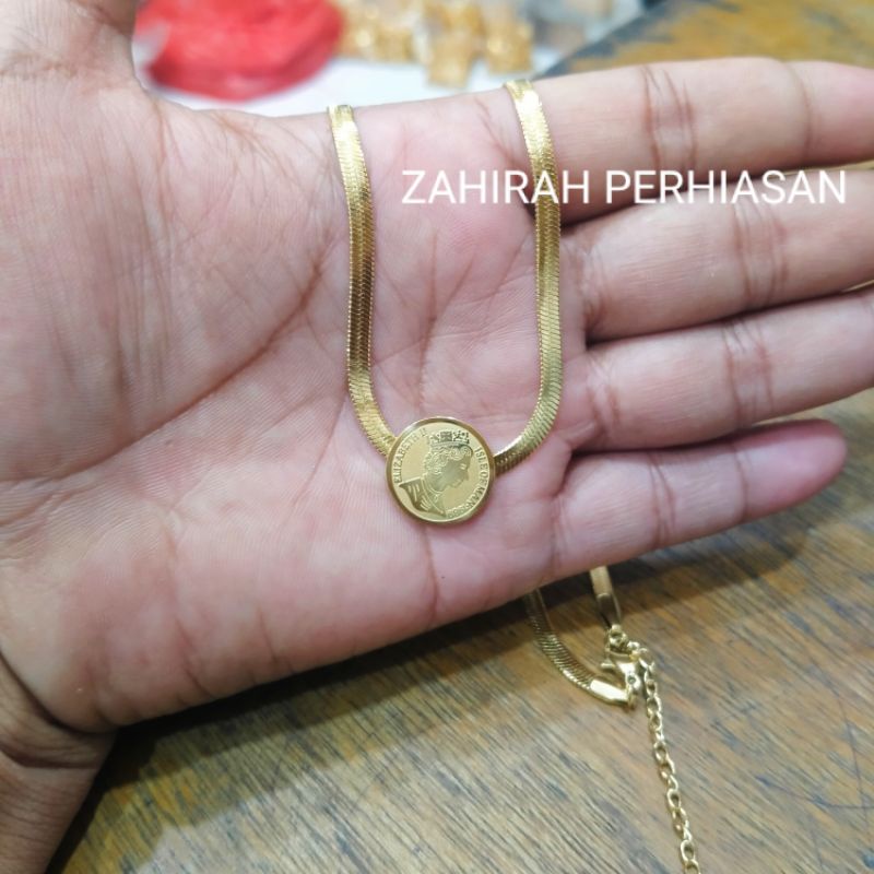 KALUNG WANITA TITANIUN LIONTIN COIN ELIZA BEAT ASLI TIDAK LUNTUR