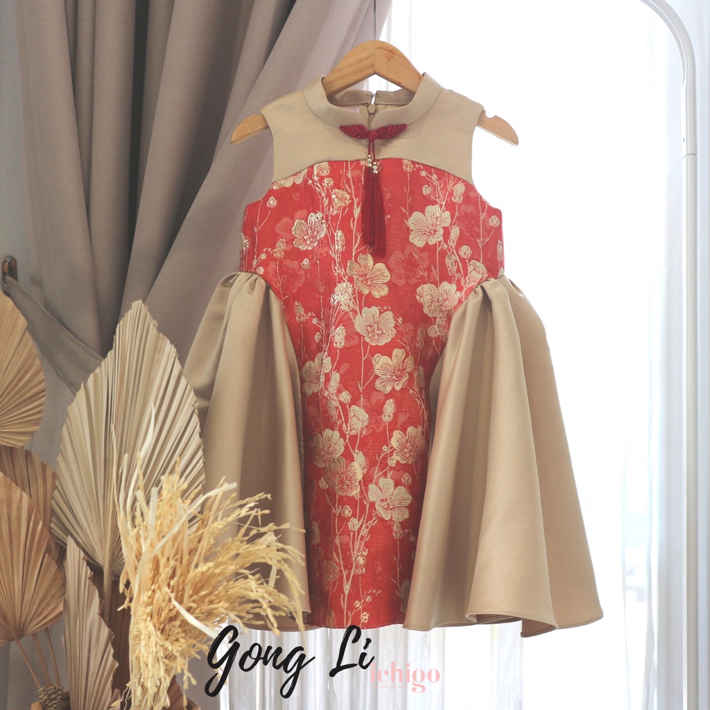 Gong Li Red Gold Flower Dress Anak Ichigo / Kerah Cang-i /Qibao/ Baju Imlek Anak