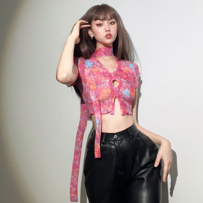 Prove kekinian atasan crop top summer colorful girly heart short-sleeved T-shirt women s collar slimming all-match short top crop top baju import kaos wanita korean style