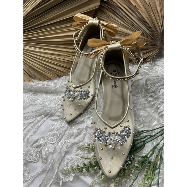 sepatu wanita wedding v merrisa gold tali pita 5cm tahu