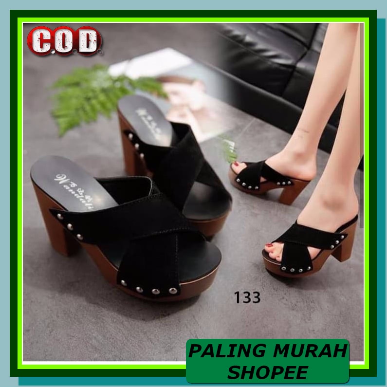 Block Heels Wanita Asli Import Readystock Batam - Sepatu Hak Bert UO778 High Heels Silang Dw32