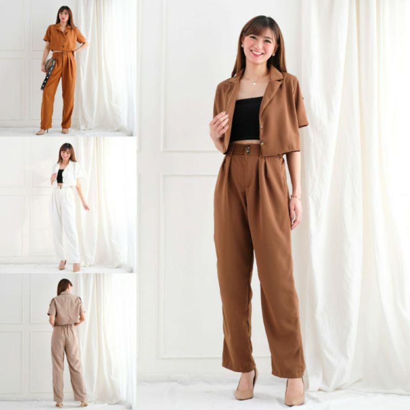 one set kulot panjang crop blouse full kancing premium