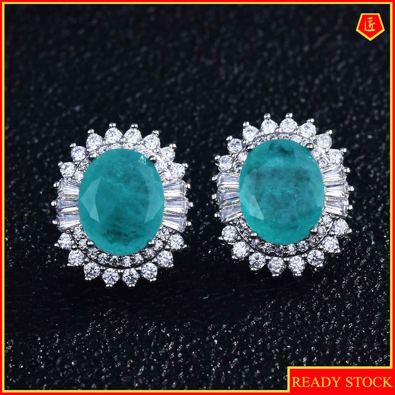 [Ready Stock]Natural Paraiba Micro-Inlaid Full Diamond Earrings