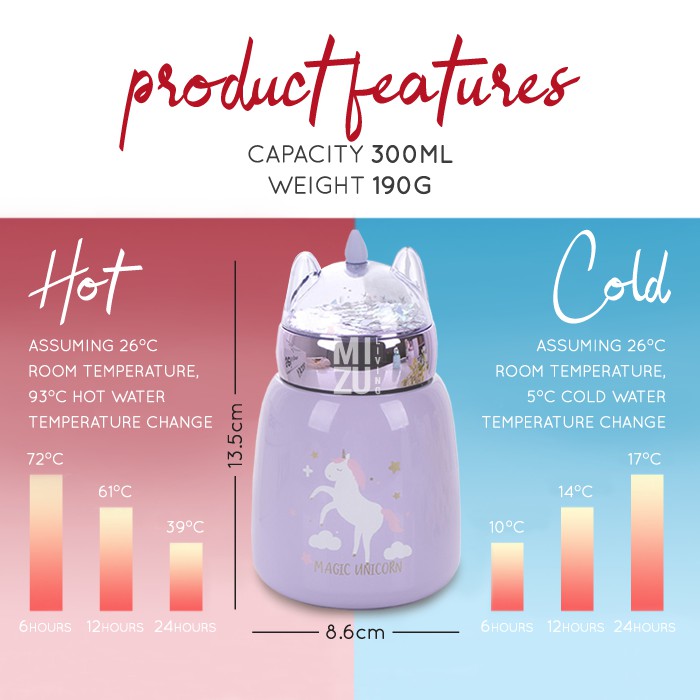 UNIDEER Termos Anak Unicorn Snow Globe 300ml Thermos Botol Air Minum Water Bottle Vacuum BPA-Free-5