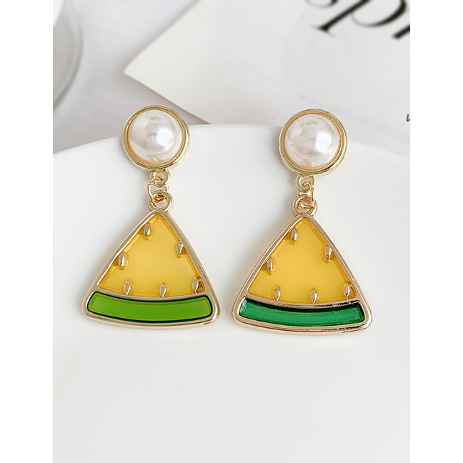 LRC Anting Tusuk Fashion Yellow Alloy Resin Pearl Watermelon Earrings D93603