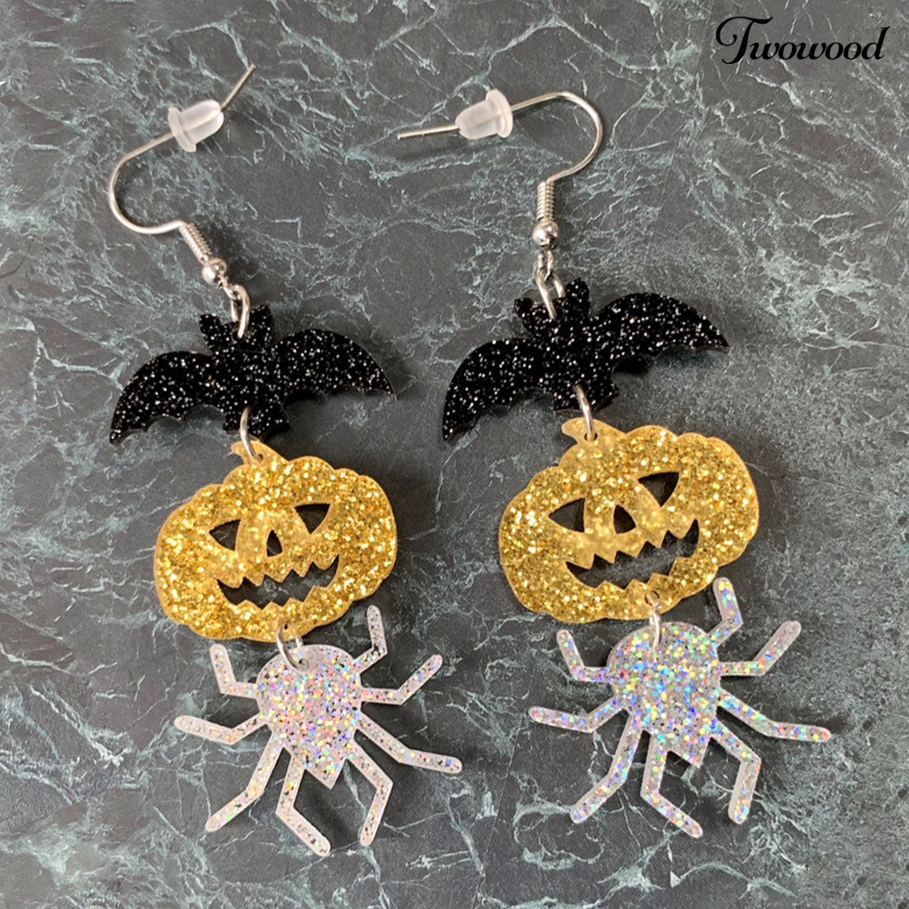 1 Pasang Anting Kait Panjang Bentuk Kelelawar Labu Laba-Laba Bahan Akrilik Glitter Untuk Pesta Halloween