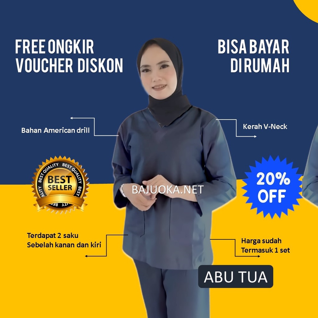 Baju Ok Oka Kerja Jaga Medis Lengan 3/4 7/8 Pendek Med Scrub Perawat Panjang Joger Army Biru Peach L