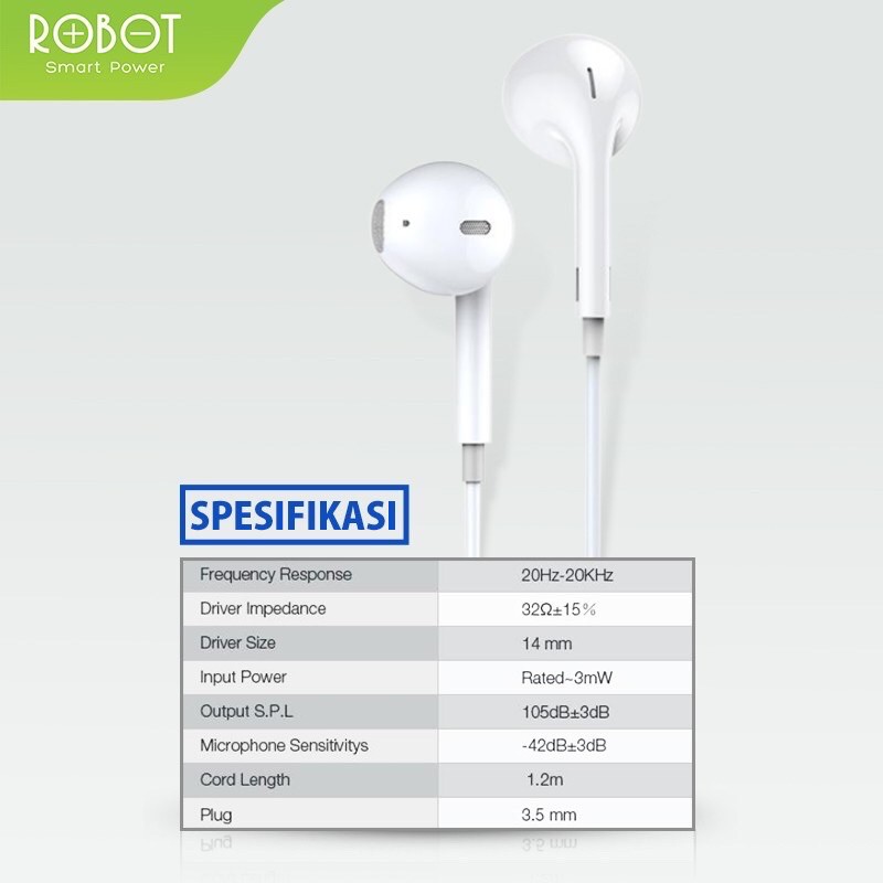 Headset Robot RE10 / RE 20 Wired Headset Earphone Bass Android IOS All handphone Tipe Suport Original - Garansi 1 Th