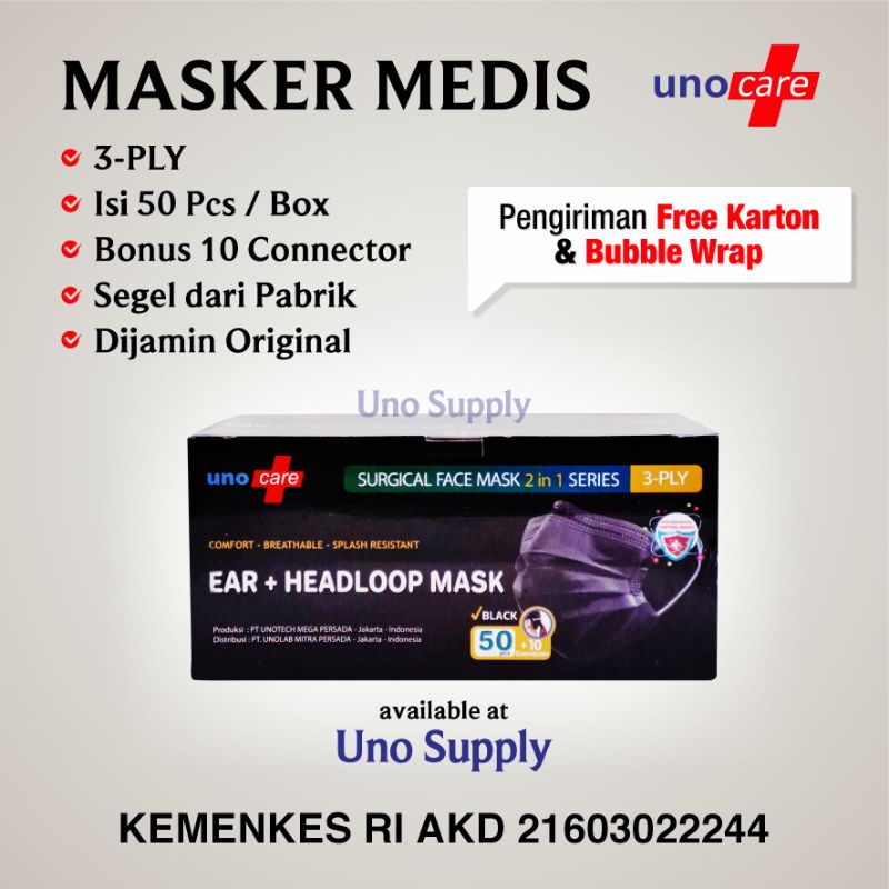 Masker Surgical Medis 3 ply Unocare Hitam / Masker UnoCare / Masker Medis UnoCare / Masker Uno Care 
