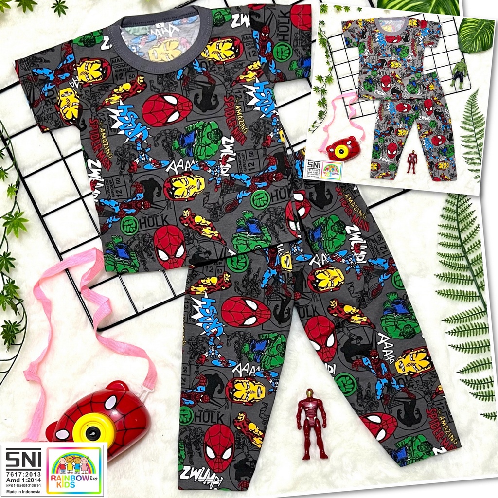 RAINBOW SETELAN / SET BAJU ANAK COWOK / CEWEK UNISEX CELANA PANJANG CP 1-8 TAHUN FULLPRINT SUPERHERO GREY