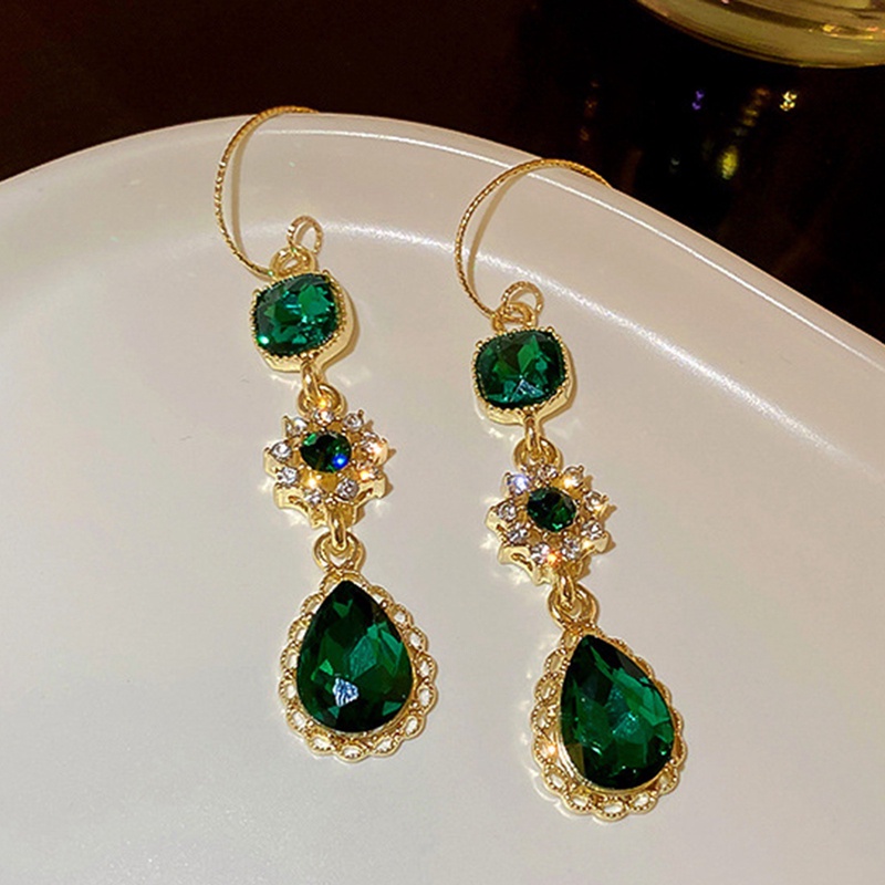 Anting Liontin Rumbai Panjang Aksen Kristal Berlian Imitasi Warna Hijau Gaya Retro Untuk Wanita