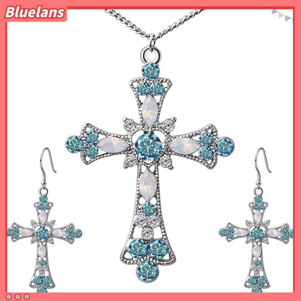 Bluelans Women Rhinestone Inlaid Cross Pendant Chain Necklace Hook Earrings Jewelry Set