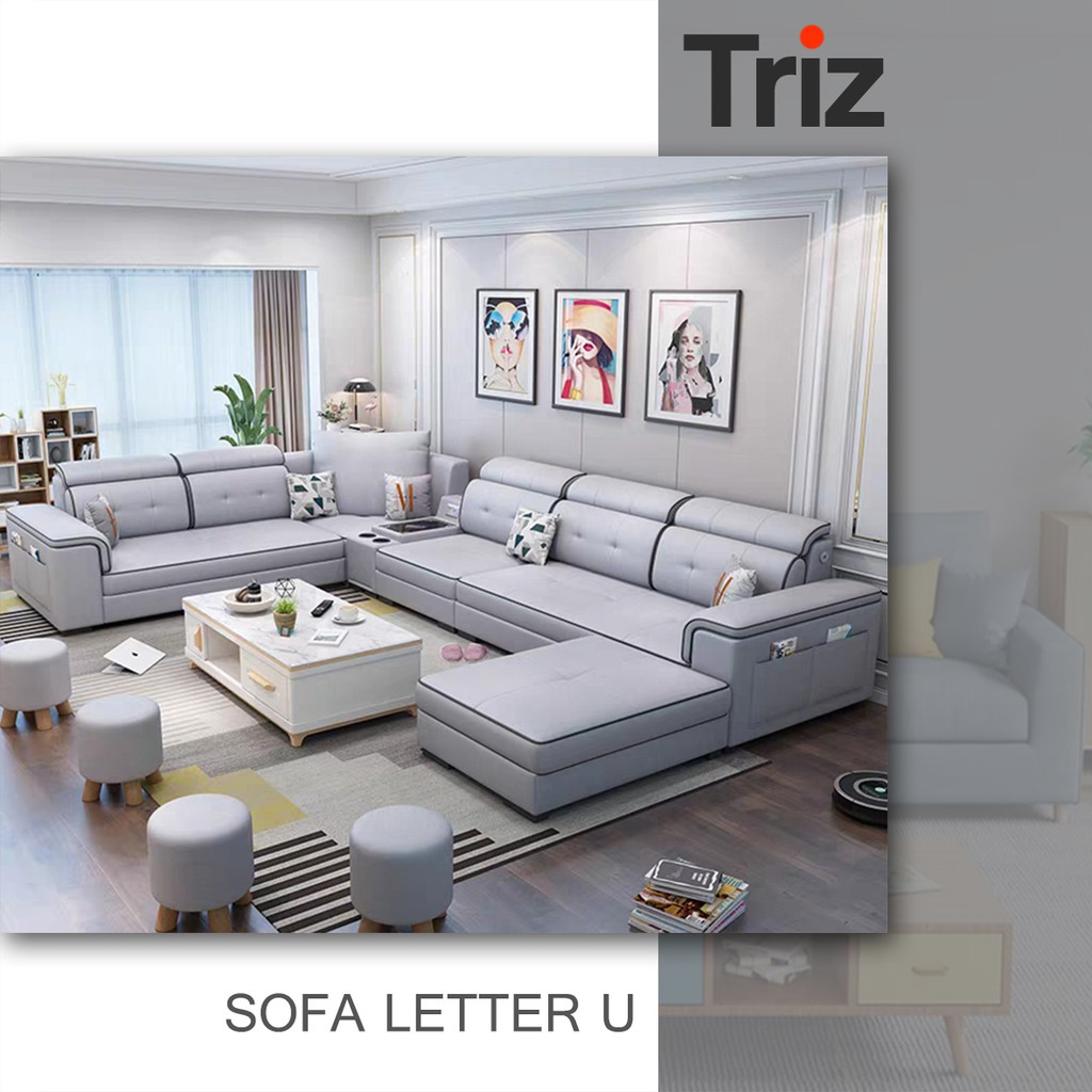 sofa letter u 7 seater furniture minimalis warna full grey bonus meja minimalis [Triz Furniture]