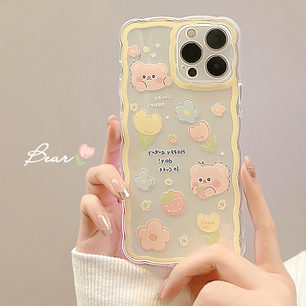 IPHONE Casing Ponsel Beruang Strawberry Kartun Untuk Iphone7 8 PLUS X XR Xs11 12 13 14 MINI PRO MAX Berbentuk Gelombang Lucu Lembut Cover Pelindung