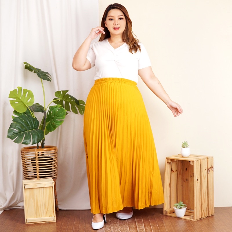 ROK PLISKET JUMBO XXL PAYUNG PLEATED SKIRT MURAH MUSLIM IBU ACARA POLOS ROK PANJANG PAYUNG MAYUNG-Mustard
