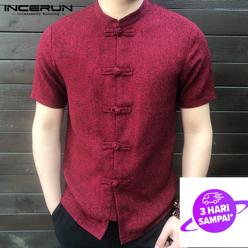 Incerun Atasan Pria Lengan Pendek Baju Pria Retro Model Tiongkok Lengan Pendek Baju Formal Atasan Shopee Indonesia