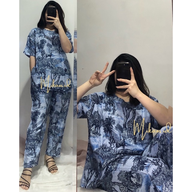 (COD) One set Piyama Abstrak Jumbo fit to Ld120cm | one set piyama rayon jumbo | one set pajamas Jumbo-DIOR 2 BLUE LD120cm