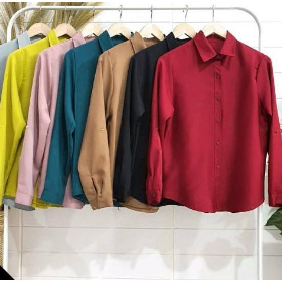 ✻ Baju atasan kemeja polos lengan panjang kerja kantor kuliah fashion ootd cewek wanita murah -7762