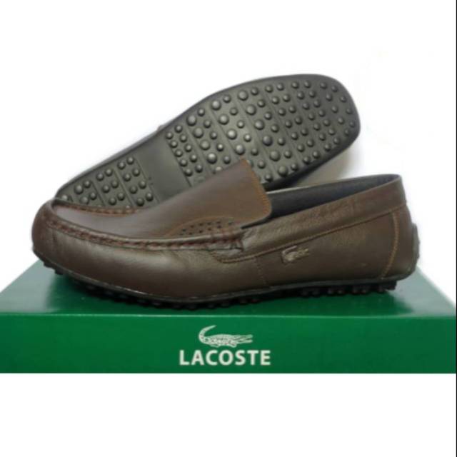 HD x LACOSTE || Sepatu Kasual Pantofel Slip On Pria Lacoste Kulit Asli Dua Warna Hitam dan Coklat