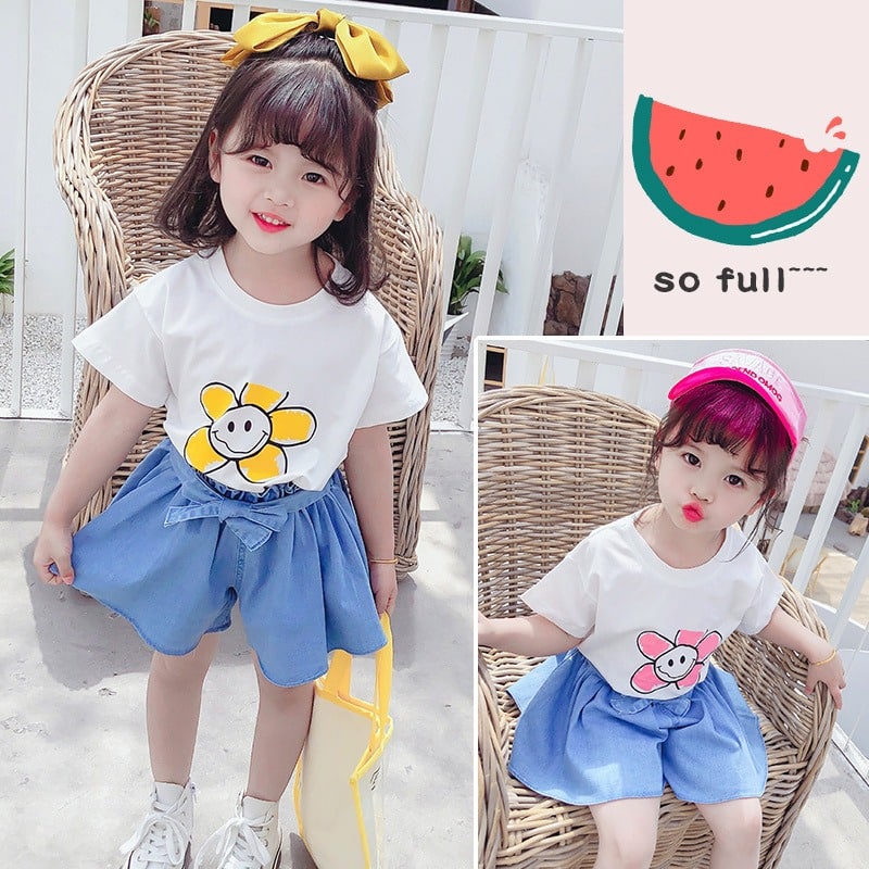 Promo !! Setelan baju anak cewek imut / setelan smile flower so full import ukuran 1tahun (putih)