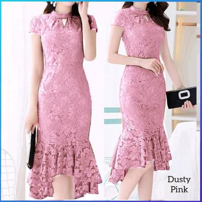 Baju Dress Pesta Wanita Brukat Gaun Perempuan Natal Brokat Magenta Shopee Indonesia