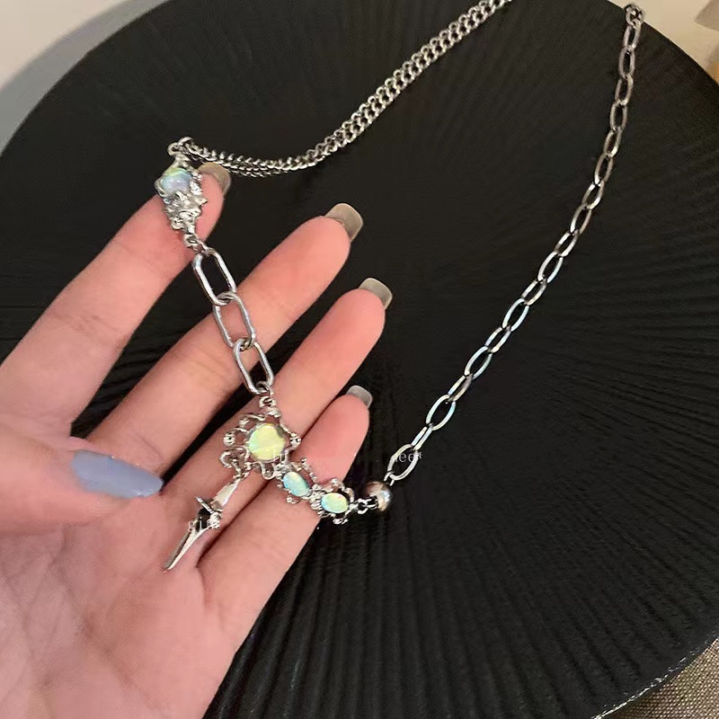 Kalung Rantai Liontin Salib Batu Bulan Warna Silver Gaya Korea Untuk Wanita