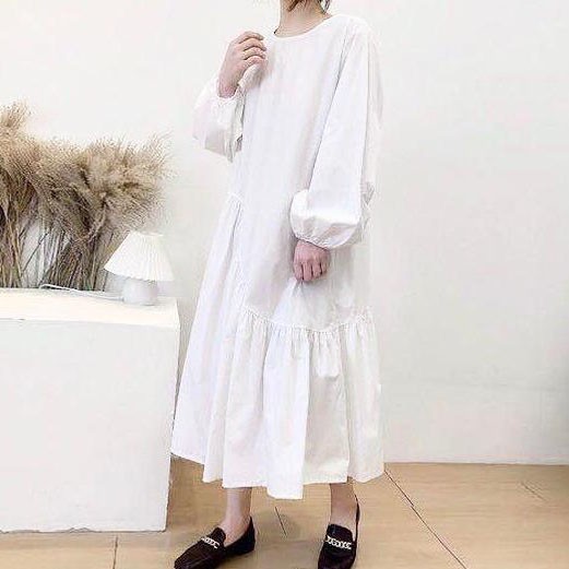 Dress Tunik Parasut Putih Polos Lengan Panjang Pinggang Serong Korea