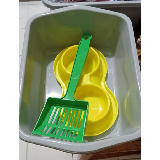 Bak Pasir Tempat Pup Kucing &amp; Sekop + Tempat Makan Double Anti Semut Litter Box Toilet Kucing 1 Set