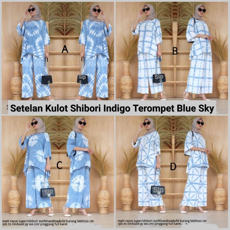 Setelan Kulot Shibori Indigo Terompet Blue Sky Biru Langit Jumbo Allsize Ld 120cm Set Sibori Tie Dye